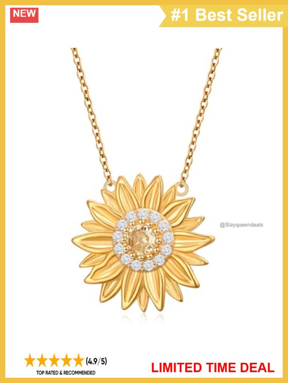 925 Sterling Silver Gold Plated Sunflower Pendant Necklace Cubic Zirconia Boho